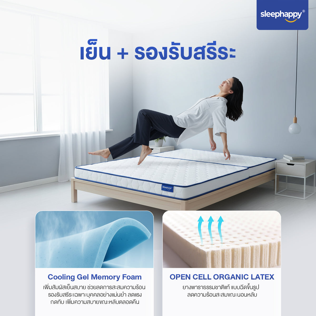 SleepHappy อัพเกรดใหม่ ! ที่นอน 3 พับ ที่นอนปิคนิค ยางพาราแท้ 100% ผสานชั้นเมมโมรี่โฟมคูลลิ่ง เย็นสบาย รุ่น 3 Fold Latex cooling memory foam Topper หนา 10 ซม.