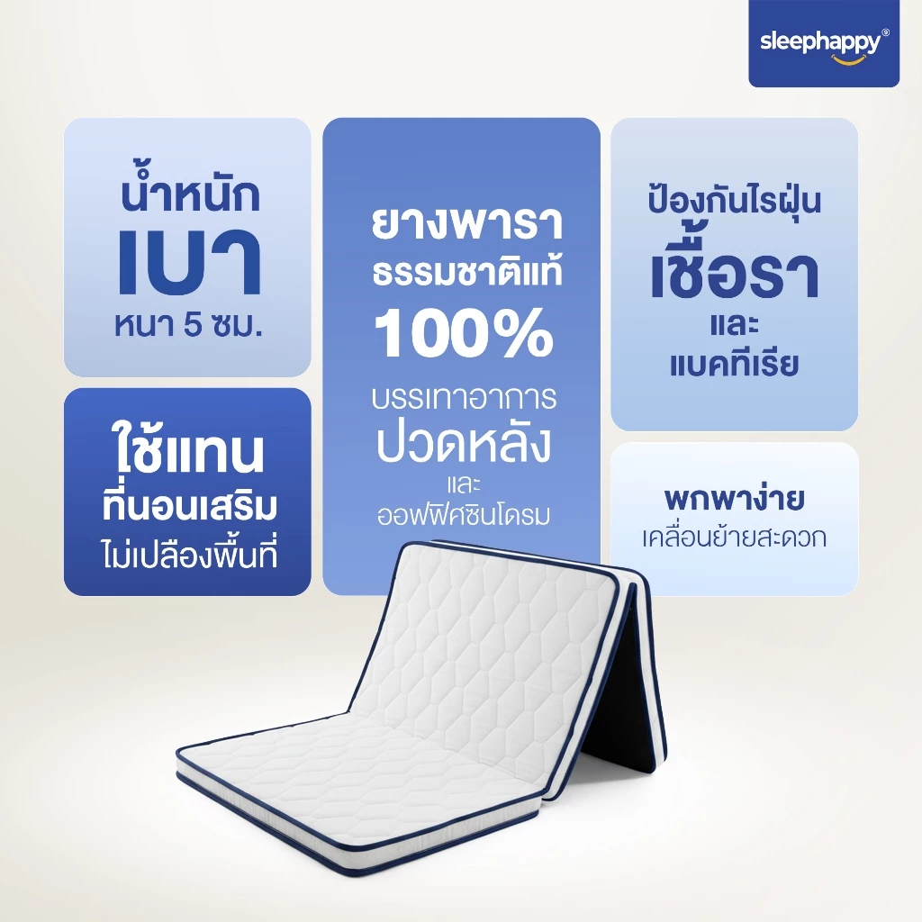 จุดเด่น ที่นอน 3 พับ 3 Fold Latex Lite หนา 5 ซม. น้ำหนักเบา ยางพาราธรรมชาติแท้ 100% ป้องกันไรฝุ่น เชื้อรา แบคทีเรีย ใช้แทนที่นอนเสริม