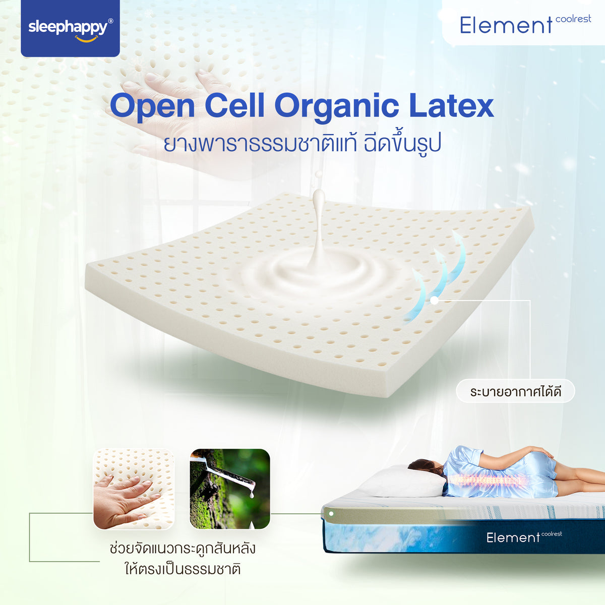 Element CoolRest: ที่นอนยางพาราแท้ Open Cell ระบายอากาศดี, รองรับสรีระ ลดปวดหลัง หลับลึกยิ่งขึ้น