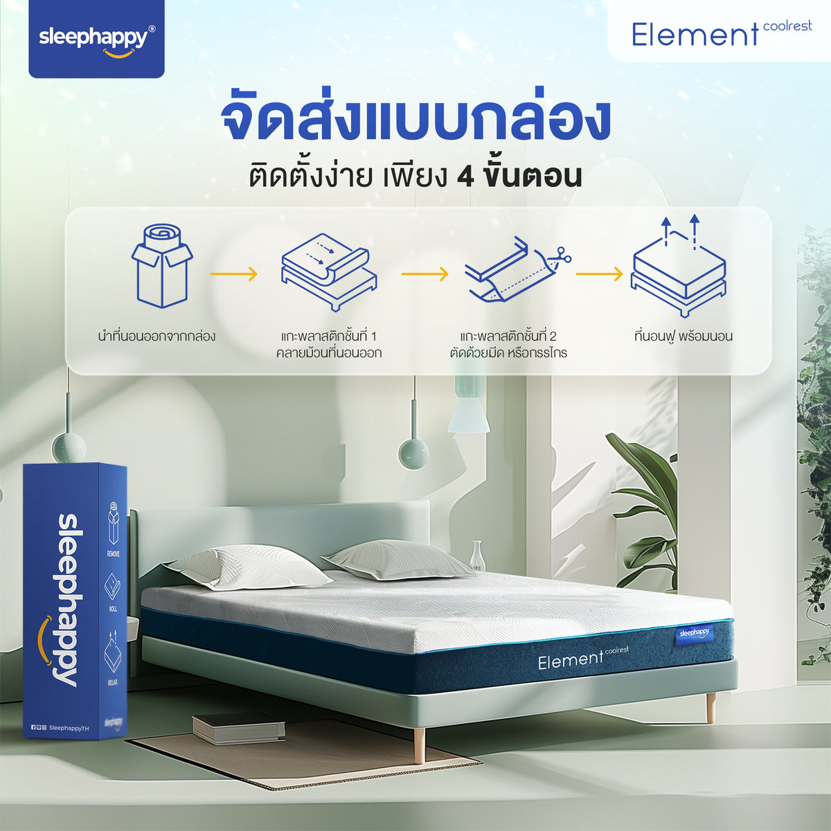 Element CoolRest ที่นอนยางพาราแท้ 100% สัมผัสเย็น: แสดงขั้นตอนการจัดส่งแบบกล่อง ติดตั้งง่าย ลดปวดหลัง