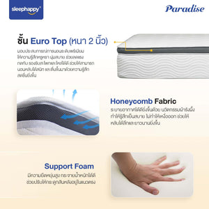 ที่นอนพ็อกเก็ตสปริง เสริมยูโรท็อป รุ่น Paradise หนา 12 นิ้ว สัมผัสนุ่มพิเศษ หลับสบาย สไตล์โรงแรม 5 ดาว - sleep-happy-th