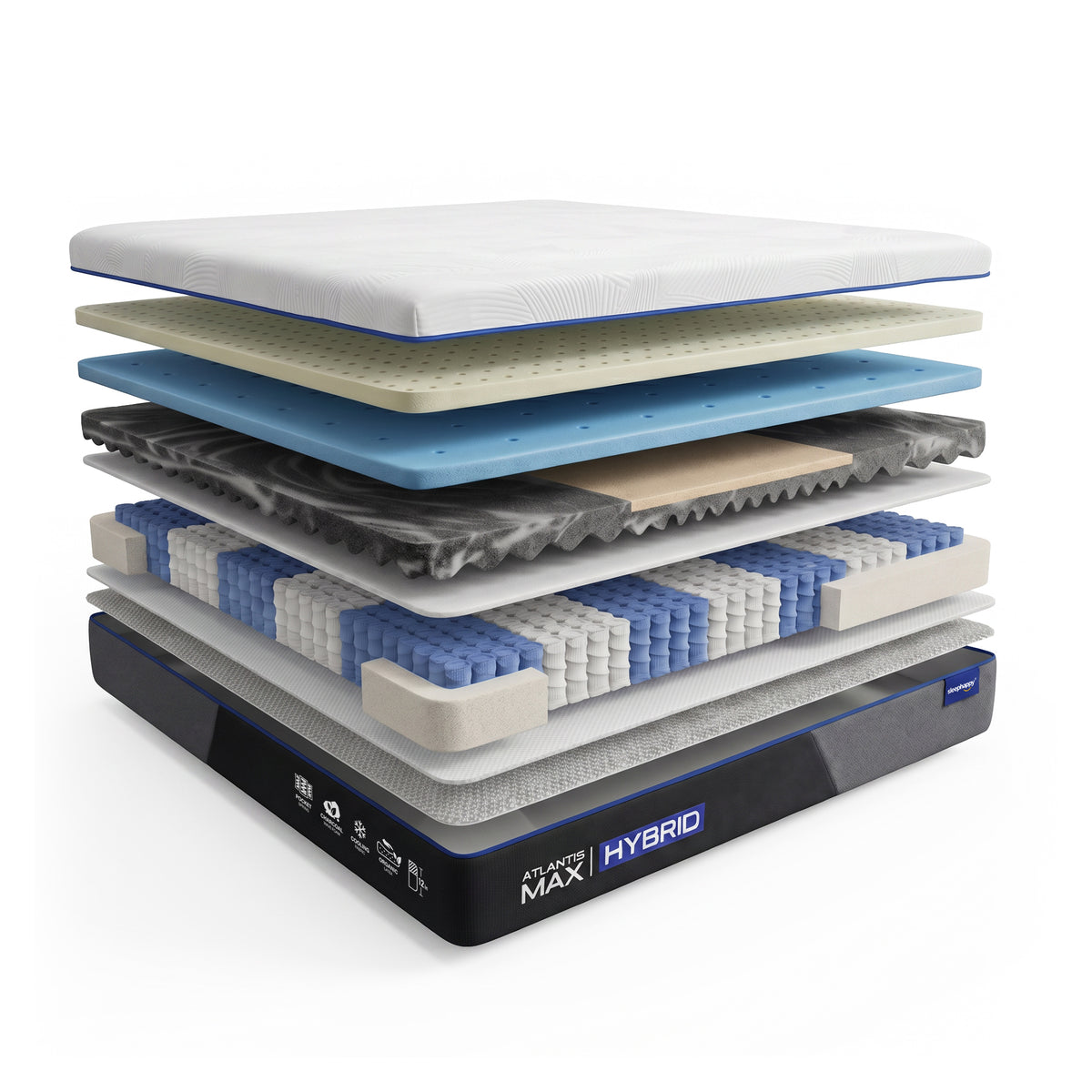 The Atlantis Max Hybrid pocket spring mattress, reinforced with natural latex and memory foam, offers a soft yet firm feel, delivering maximum comfort and a restful sleep every day. — ภาพตัดแสดงชั้นวัสดุที่นอน