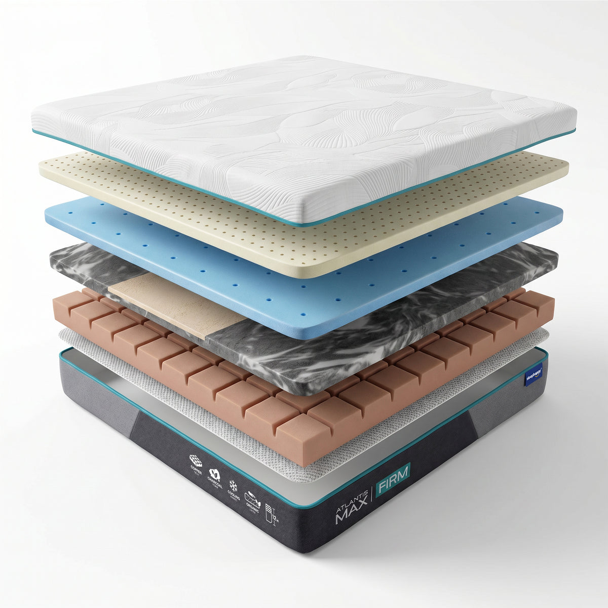 The Atlantis Max Firm mattress, made with natural latex and memory foam, offers a firm feel, relieves back pain, and features a cooling fabric for a comfortable night's sleep. — ภาพตัดแสดงชั้นวัสดุที่นอน