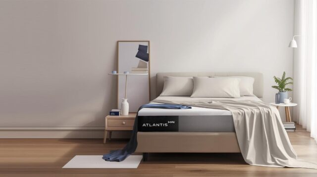 ATLANTIS ที่นอนขนาด 6 ฟุต, 5 ฟุต และ 3.5 ฟุต บนเตียงพร้อมหมอนและผ้าห่ม