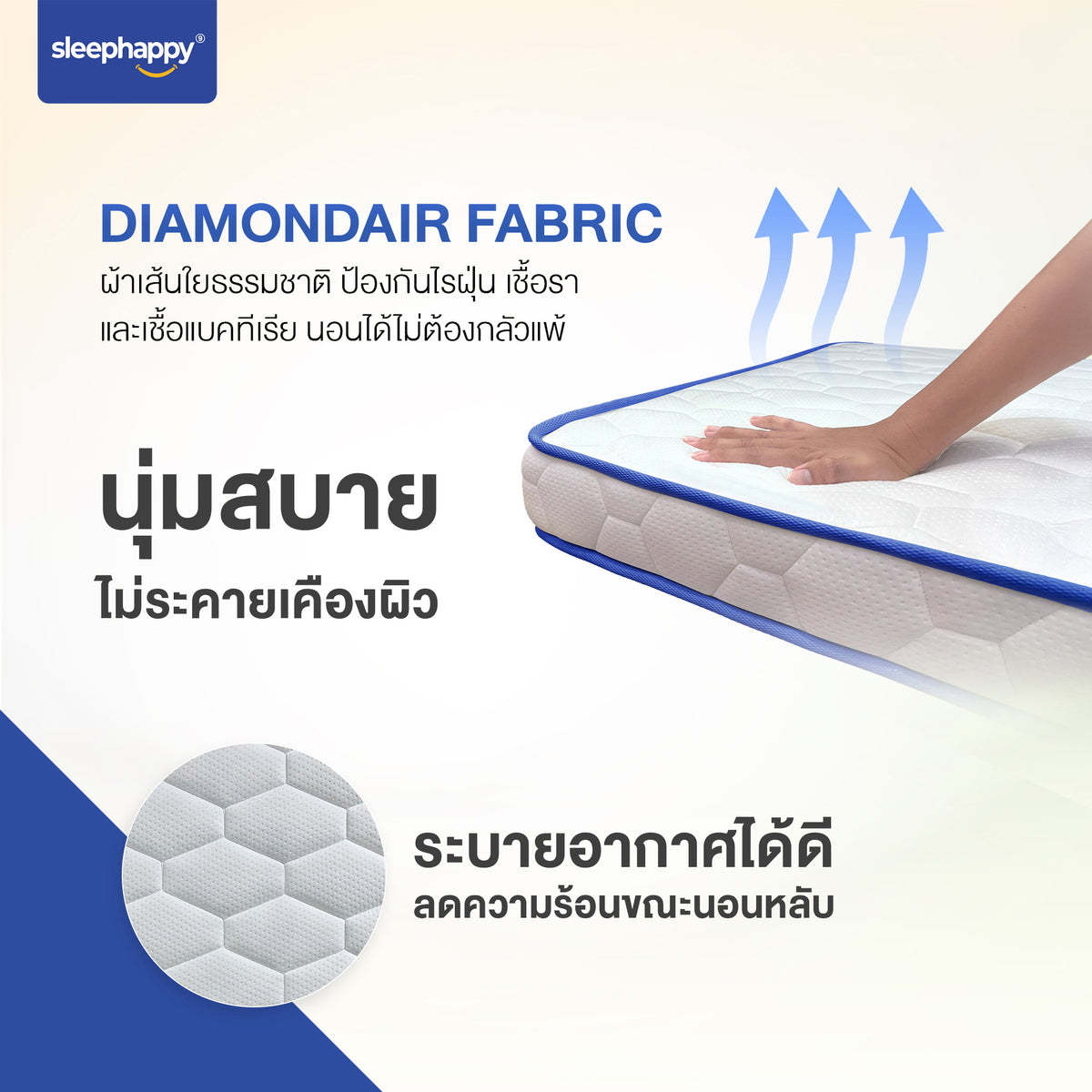 ผ้าหุ้ม DiamondAir Fabric ที่นอน 3 พับ ยางพาราแท้ SleepHappy 3 Fold Latex Mattress ผ้าเส้นใยธรรมชาติ ป้องกันไรฝุ่น เชื้อรา แบคทีเรีย นุ่มสบาย ระบายอากาศได้ดี ลดความร้อนขณะนอนหลับ