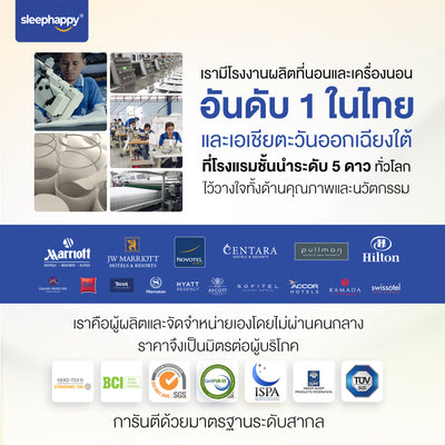 SleepHappy โรงงานผลิตที่นอนและเครื่องนอนอันดับ 1 ในไทย ที่นอน 3 พับ ยางพาราแท้ 3 Fold Latex Mattress ไว้วางใจโดยโรงแรม 5 ดาว Marriott Hilton Centara Pullman การันตีมาตรฐานสากล OEKO-TEX SGS CertiPUR-US ISPA TUV