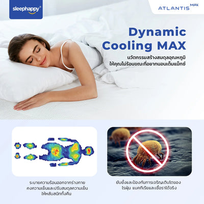 Atlantis MAX ที่นอนยางพาราธรรมชาติ เสริมผ้าหุ้ม Dynamic Cooling MAX Fabric เส้นใยเย็น ช่วยให้ความเย็นตั้งแต่สัมผัสแรก - sleep-happy-th
