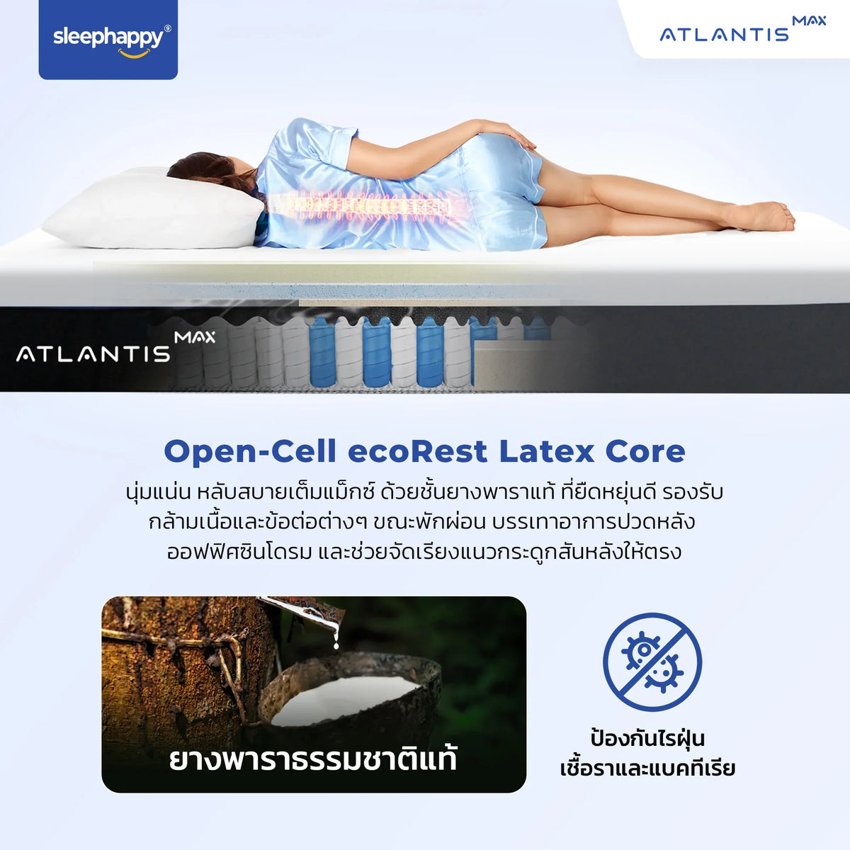 Atlantis MAX ที่นอนยางพาราธรรมชาติ เสริมผ้าหุ้ม Dynamic Cooling MAX Fabric เส้นใยเย็น ช่วยให้ความเย็นตั้งแต่สัมผัสแรก - sleep-happy-th