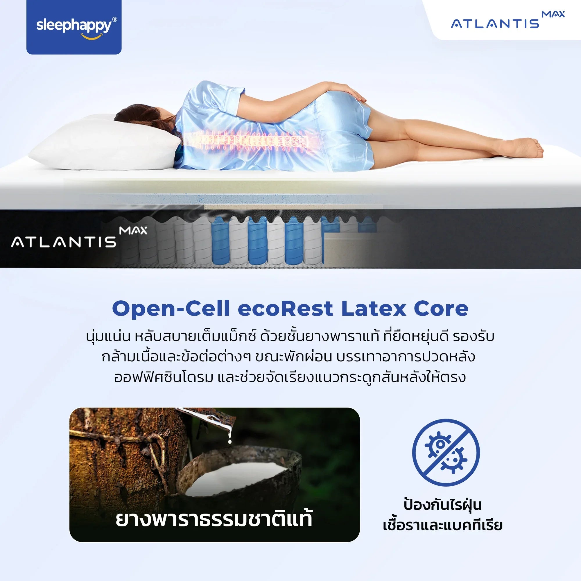 Atlantis MAX ที่นอนยางพาราธรรมชาติ เสริมผ้าหุ้ม Dynamic Cooling MAX Fabric เส้นใยเย็น ช่วยให้ความเย็นตั้งแต่สัมผัสแรก - sleep-happy-th