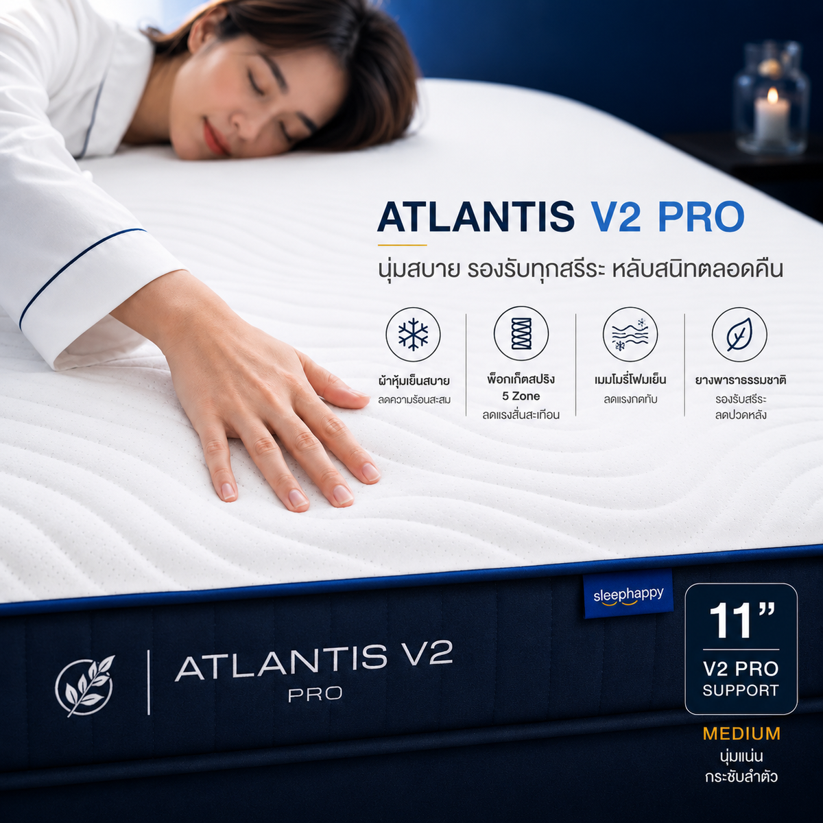 ที่นอนยางพารา และพ็อกเก็ตสปริง สัมผัสเย็น รุ่น Atlantis V2 Pro หนา 11 นิ้ว ให้สัมผัสนุ่มแน่น ผสานนวัตกรรมชาโคล หลับสบาย รุ่นขายดี Best Seller