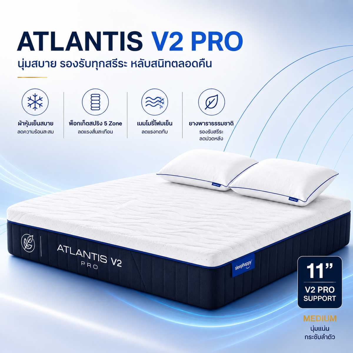 ที่นอนยางพารา และพ็อกเก็ตสปริง สัมผัสเย็น รุ่น Atlantis V2 Pro หนา 11 นิ้ว ให้สัมผัสนุ่มแน่น ผสานนวัตกรรมชาโคล หลับสบาย รุ่นขายดี Best Seller