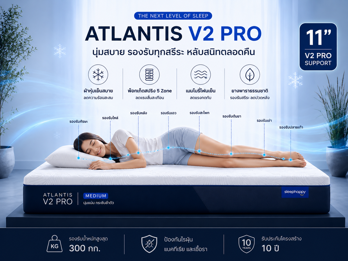 ที่นอนยางพารา และพ็อกเก็ตสปริง สัมผัสเย็น รุ่น Atlantis V2 Pro หนา 11 นิ้ว ให้สัมผัสนุ่มแน่น ผสานนวัตกรรมชาโคล หลับสบาย รุ่นขายดี Best Seller