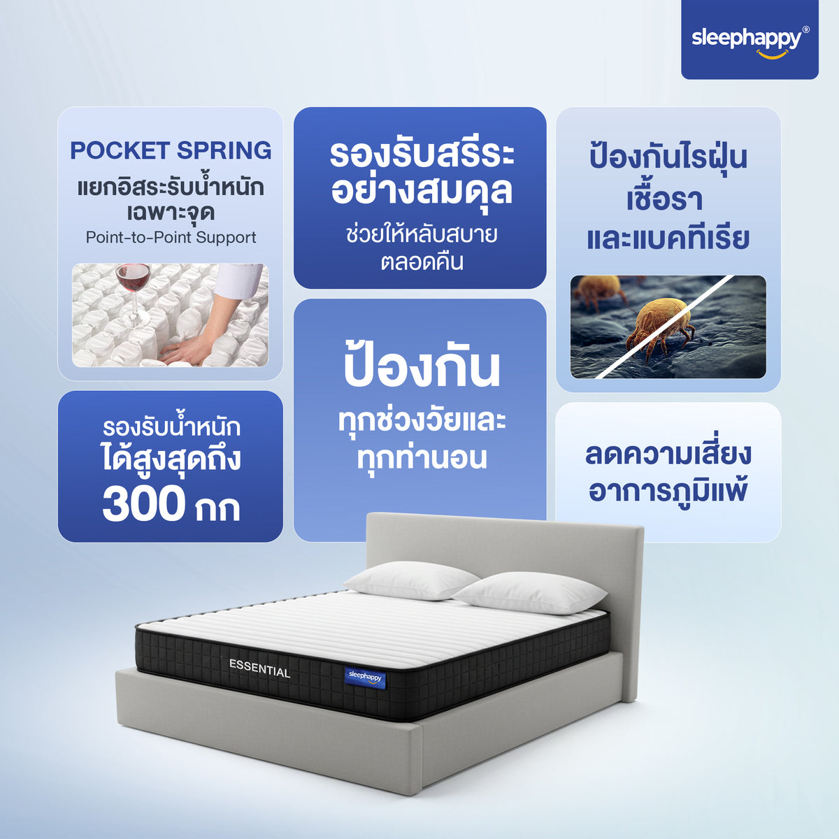 SleepHappy ที่นอนพ็อกเก็ตสปริงคุณภาพ รุ่น Essential หนา 8 นิ้ว สัมผัสแน่นนุ่ม รองรับสรีระ ลดแรงสั่นสะเทือน ไม่ยุบง่าย ไม่เด้งเกินไป เหมาะกับทุกการนอน