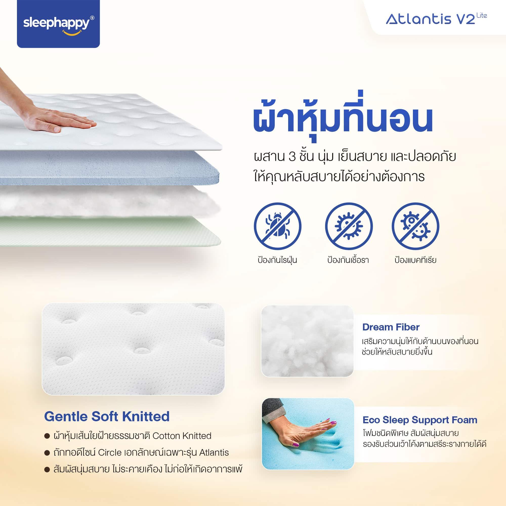ที่นอนพ็อกเก็ตสปริง รุ่น Atlantis V2 Lite เสริมยางพาราธรรมชาติ สัมผัสแน่นและเด้ง โอบรับสรีระ ช่วยลดอาการปวดหลังได้ดี - sleep-happy-th