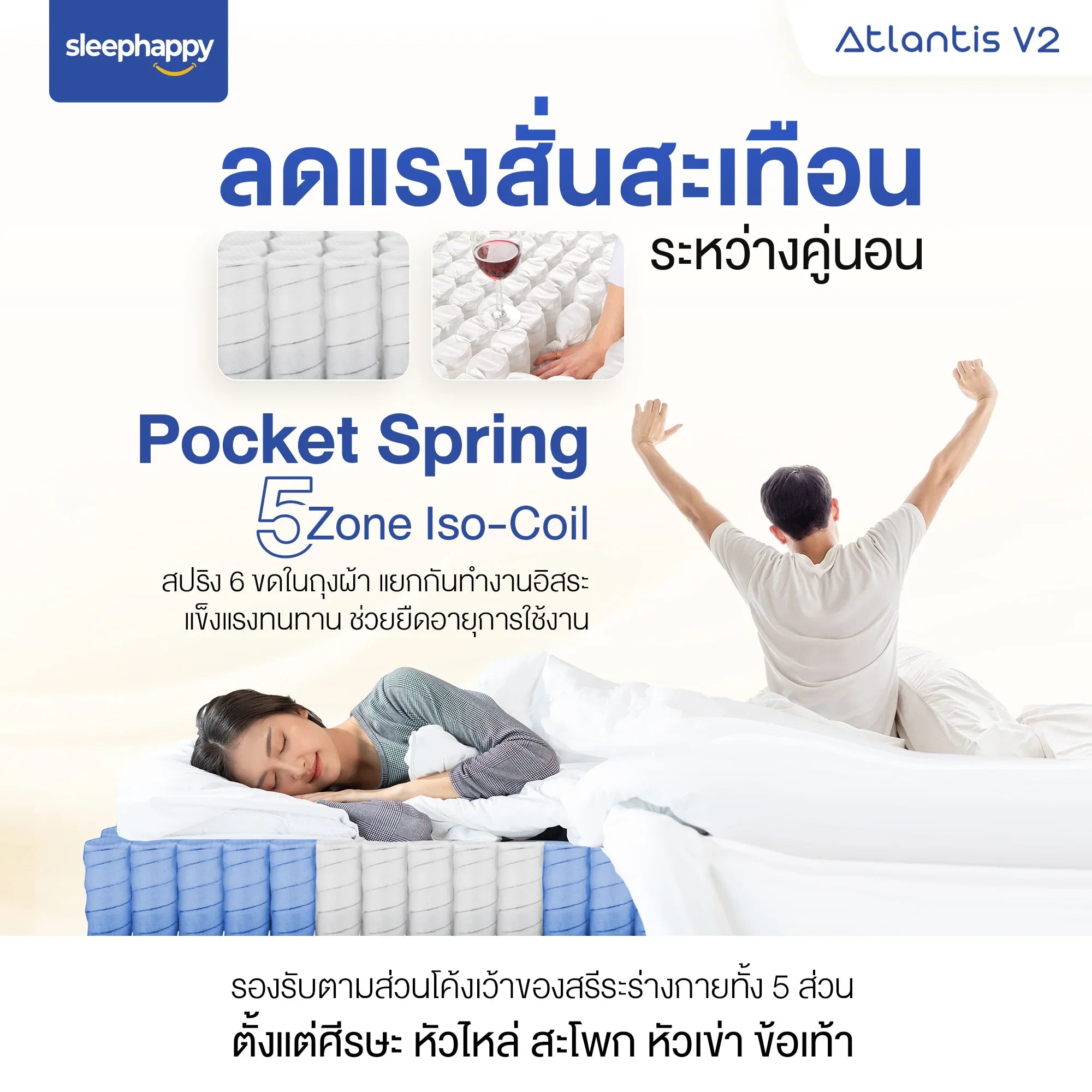 ที่นอนพ็อกเก็ตสปริง รุ่น Atlantis V2 เสริมยางพาราธรรมชาติ BEST SELLER สัมผัสนุ่มแน่นกำลังดี รองรับสรีระ ช่วยลดอาการปวดหลังได้ดี - sleep-happy-th