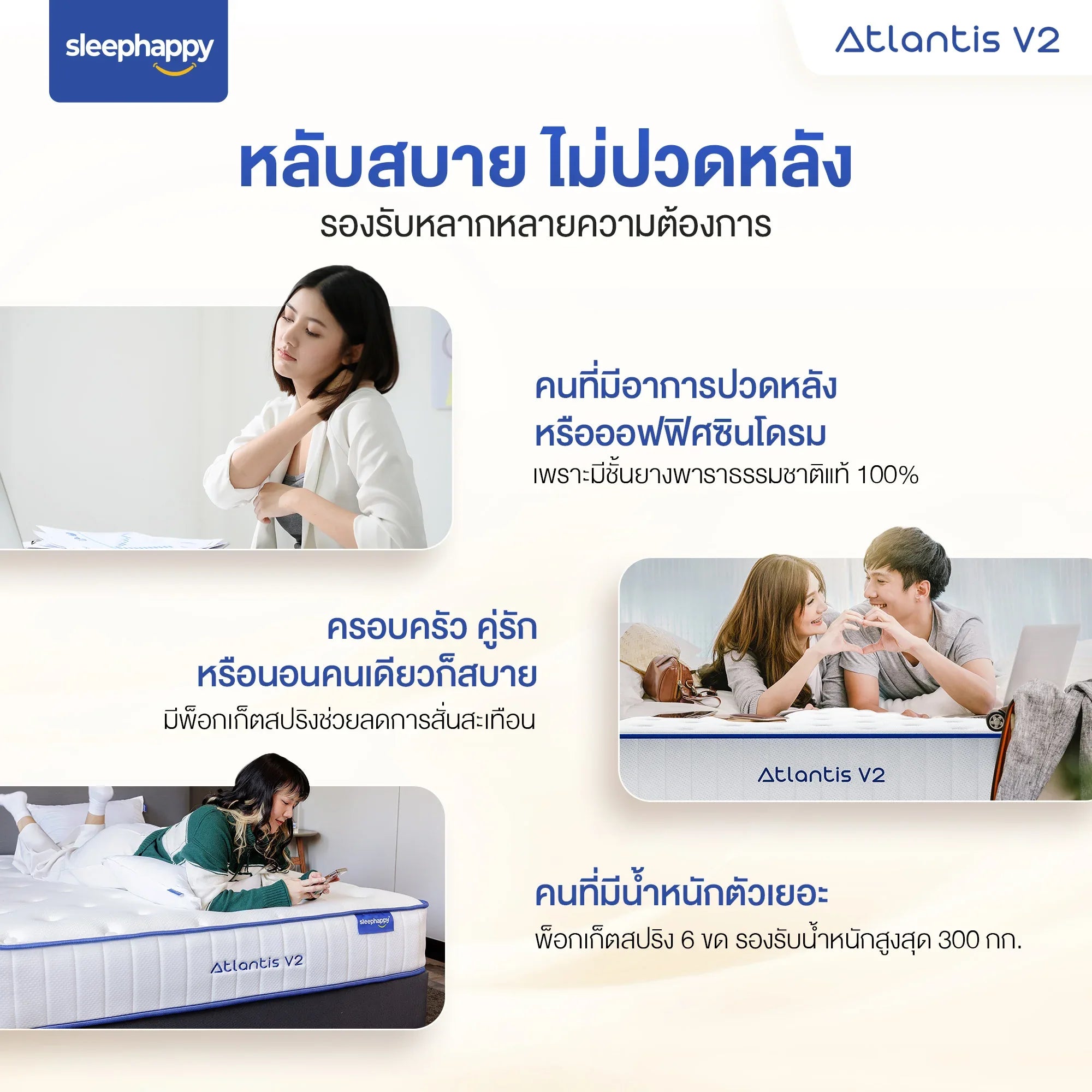 ที่นอนพ็อกเก็ตสปริง รุ่น Atlantis V2 เสริมยางพาราธรรมชาติ BEST SELLER สัมผัสนุ่มแน่นกำลังดี รองรับสรีระ ช่วยลดอาการปวดหลังได้ดี - sleep-happy-th