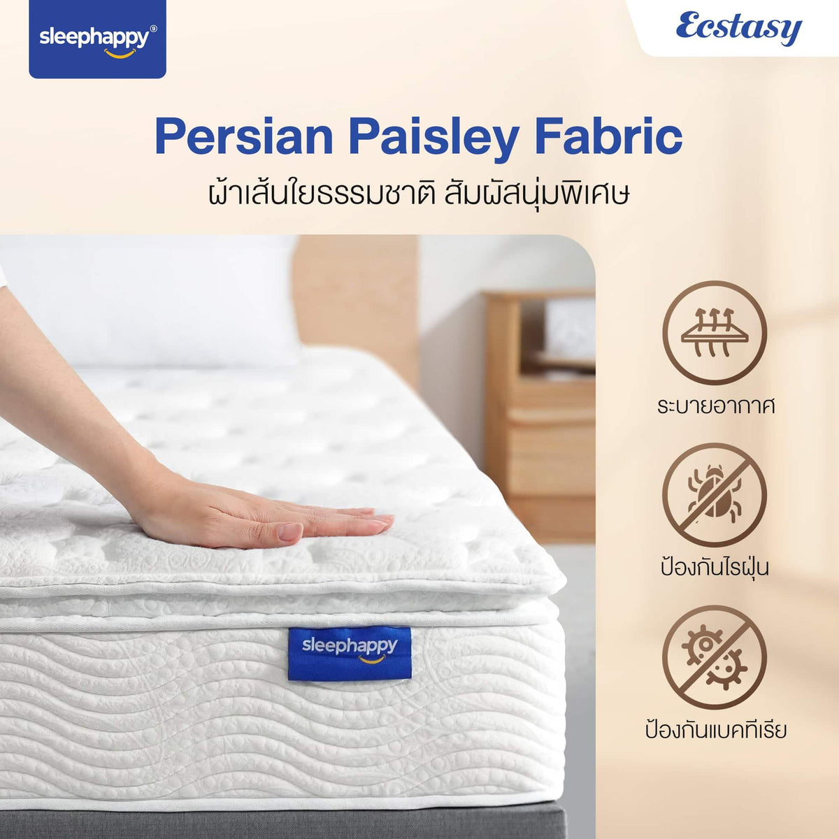 ที่นอนพ็อกเก็ตสปริงผสานยางพาราธรรมชาติแท้ 100% เสริม Pillow top รุ่น Ecstasy หนา 12 นิ้ว สัมผัสนุ่มแน่น - sleep-happy-th