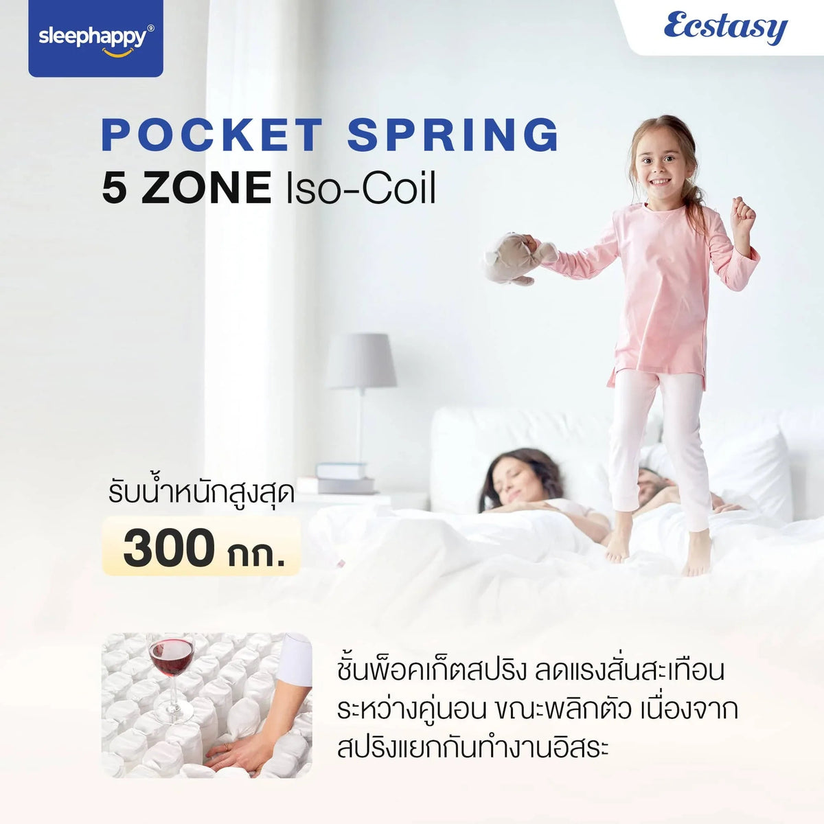ที่นอนพ็อกเก็ตสปริงผสานยางพาราธรรมชาติแท้ 100% เสริม Pillow top รุ่น Ecstasy หนา 12 นิ้ว สัมผัสนุ่มแน่น - sleep-happy-th