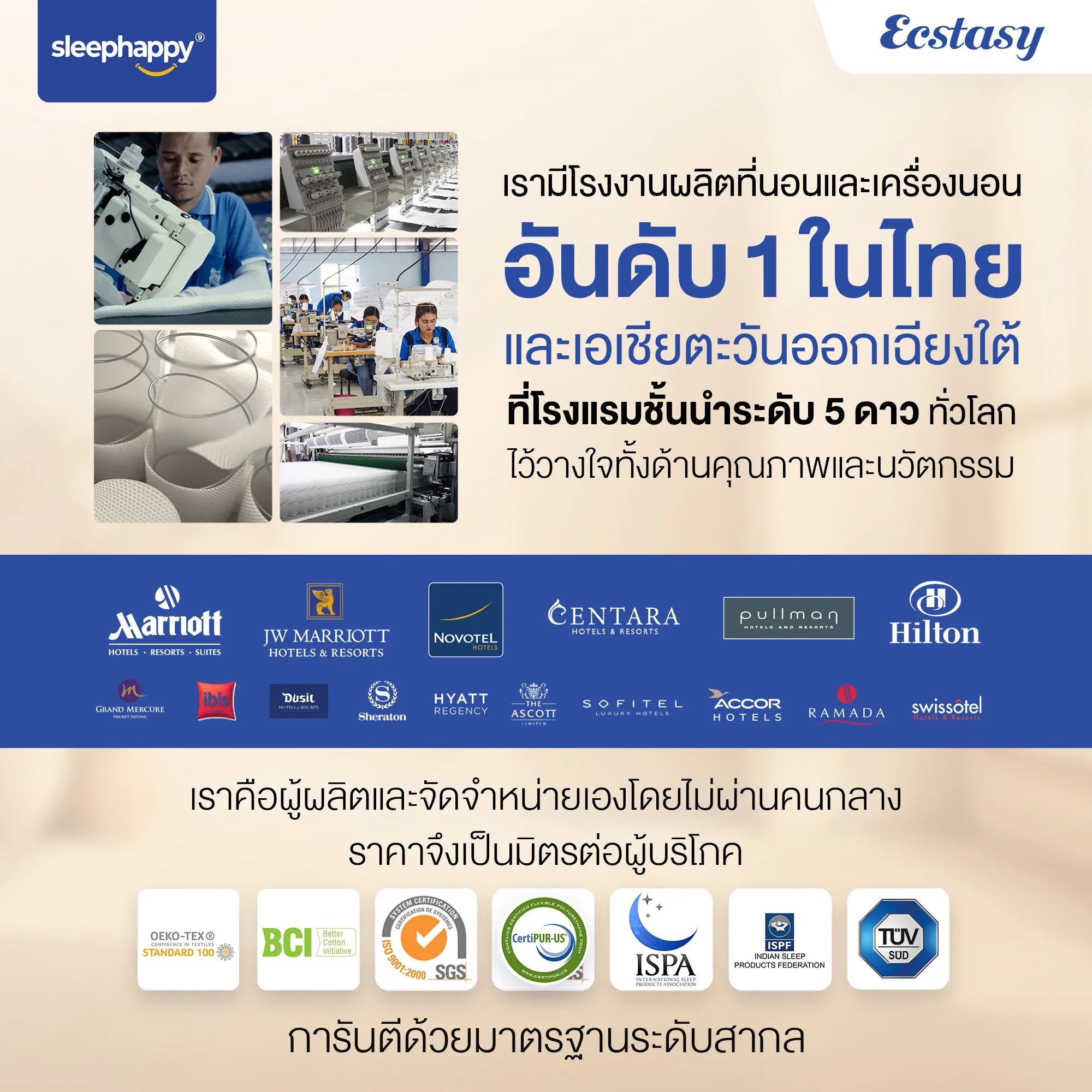 ที่นอนพ็อกเก็ตสปริงผสานยางพาราธรรมชาติแท้ 100% เสริม Pillow top รุ่น Ecstasy หนา 12 นิ้ว สัมผัสนุ่มแน่น - sleep-happy-th