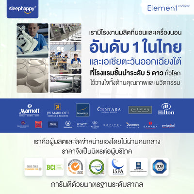 Element CoolRest: ที่นอนยางพาราแท้ 100% สำหรับโรงแรมชั้นนำ, เทคโนโลยีผ้าเย็น Dynamic Cooling Fabric, รองรับสรีระ ลดปวดหลัง
