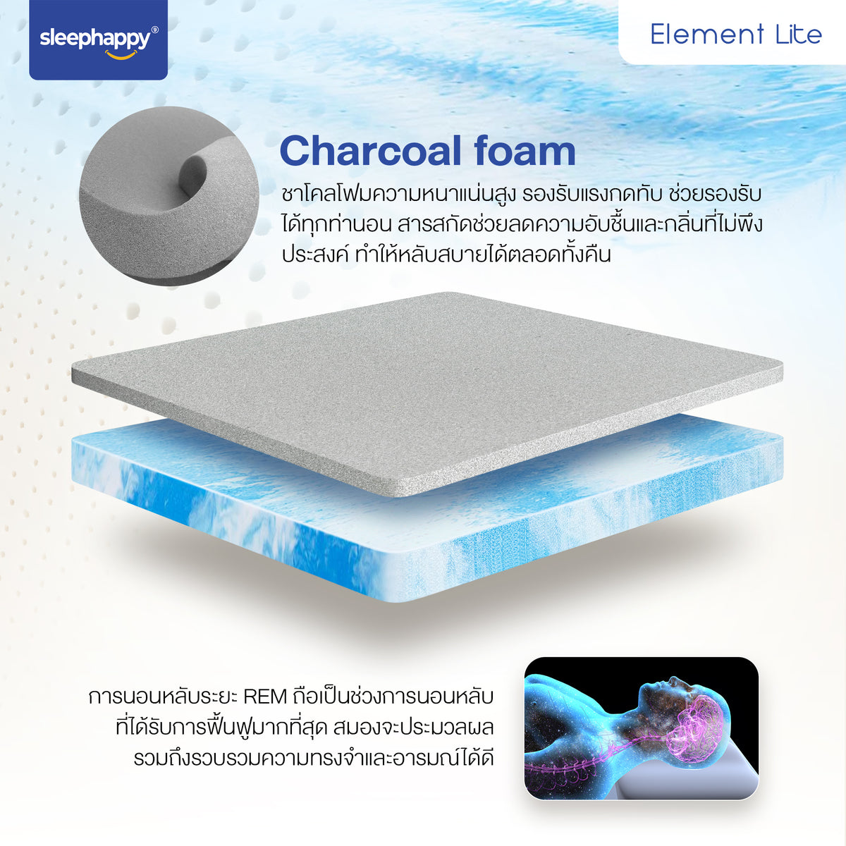 ที่นอนยางพาราธรรมชาติ sleephappy® Element Lite: โฟมชาโคลหนาแน่น, ลดปวดหลัง, รองรับสรีระ