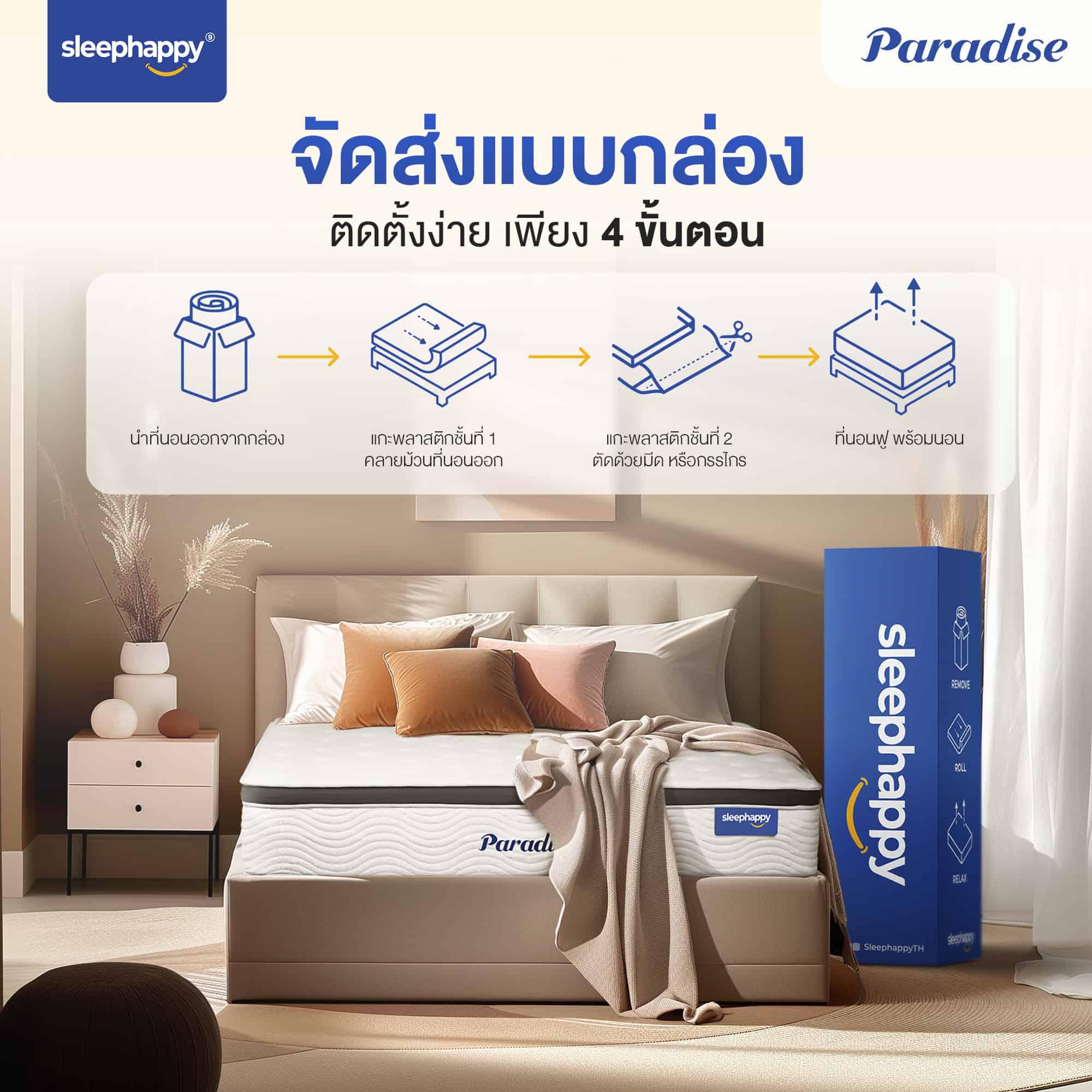 ที่นอนพ็อกเก็ตสปริง เสริมยูโรท็อป รุ่น Paradise หนา 12 นิ้ว สัมผัสนุ่มพิเศษ หลับสบาย สไตล์โรงแรม 5 ดาว - sleep-happy-th
