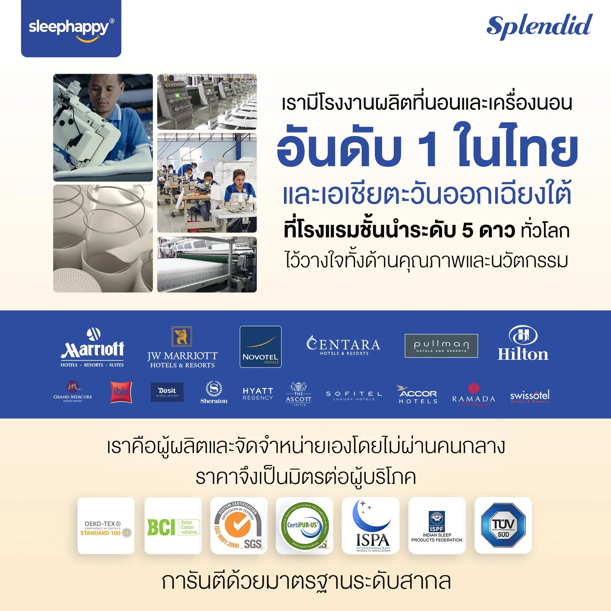 ที่นอนพ็อกเก็ตสปริง รุ่น Splendid สัมผัสนุ่มกึ่งแน่น สไตล์โรงแรม ลดเเรงสั่นสะเทือนได้ดี - sleep-happy-th