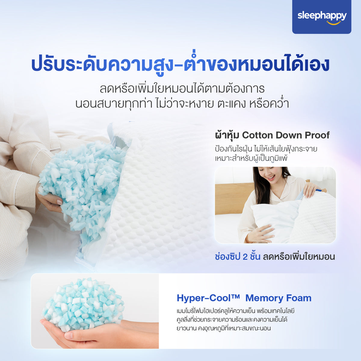 หมอนสุขภาพปรับความสูง-ต่ำได้ รุ่น iAdjust Pillow แก้ปวดคอ รองรับทุกท่านอน จาก SleepHappy