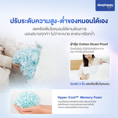 หมอนสุขภาพปรับความสูง-ต่ำได้ รุ่น iAdjust Pillow แก้ปวดคอ รองรับทุกท่านอน จาก SleepHappy