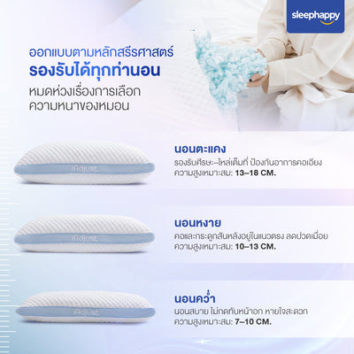 หมอนสุขภาพปรับความสูง-ต่ำได้ รุ่น iAdjust Pillow แก้ปวดคอ รองรับทุกท่านอน ออกแบบตามหลักสรีรศาสตร์ รองรับท่านอนตะแคง หงาย คว่ำ