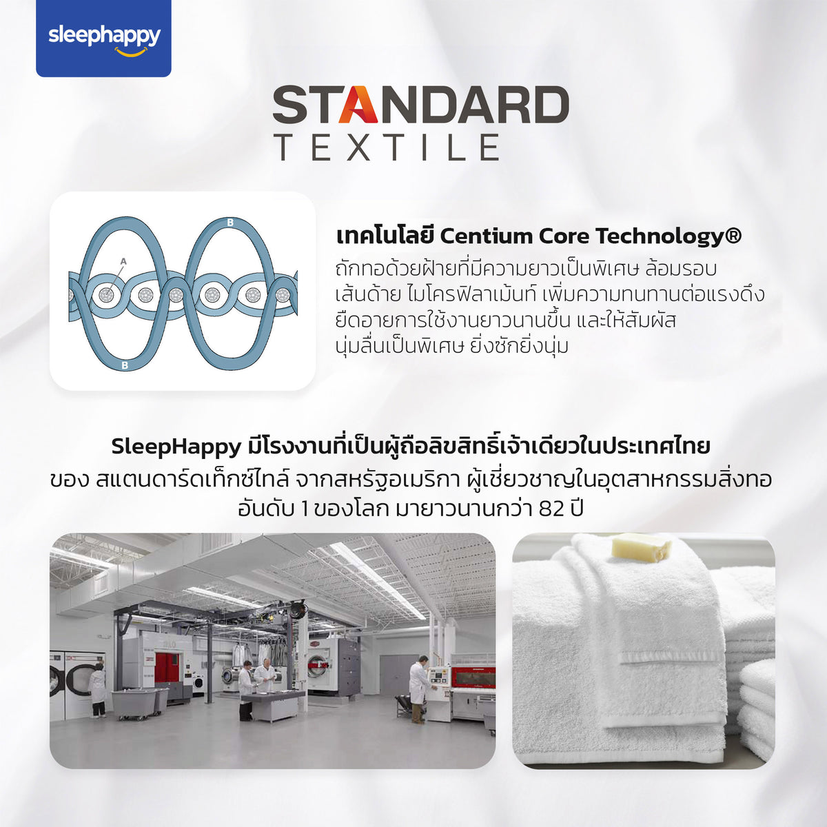 Luxury Hotel Soft Touch Towel Set เซ็ตผ้าขนหนูและผ้าเช็ดผม SleepHappy: ผ้าขนหนูเทคโนโลยี Centium Core ทนทาน นุ่มลื่น โรงงานมาตรฐานสิ่งทอ