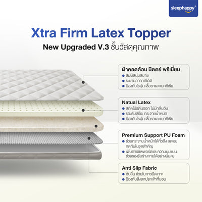 XtraFirm Latex Topper, a special firm version of the genuine latex topper, enhances the firmness of your favorite mattress, reducing back pain. The soft cover meets the standards of 5-star hotel mattresses.