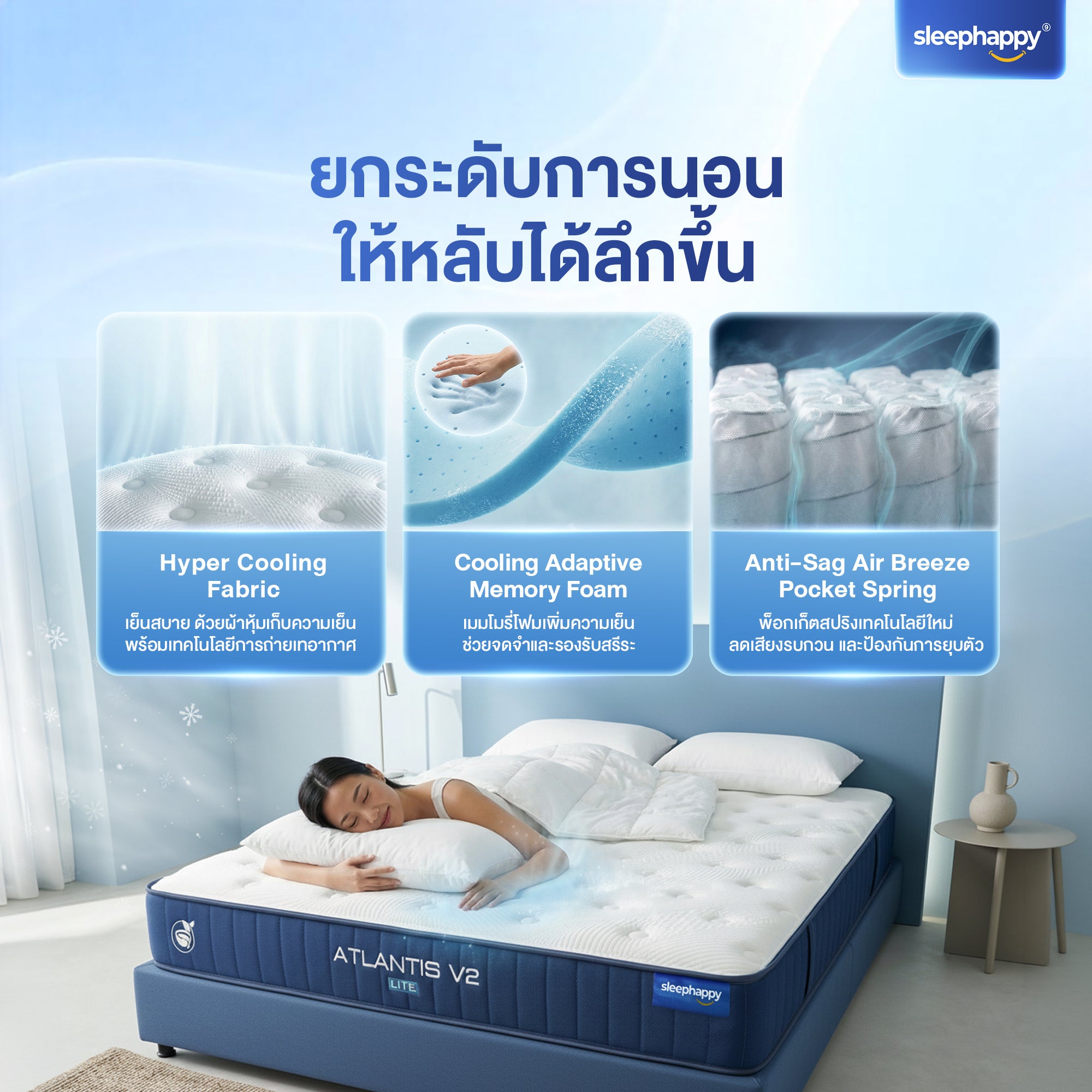 ที่นอนยางพาราและพ็อกเก็ตสปริง สัมผัสเย็น รุ่น Atlantis V2 Lite หนา 8 นิ้ว ให้สัมผัสแน่นนุ่ม หลับสบาย รุ่นขายดี Best Seller