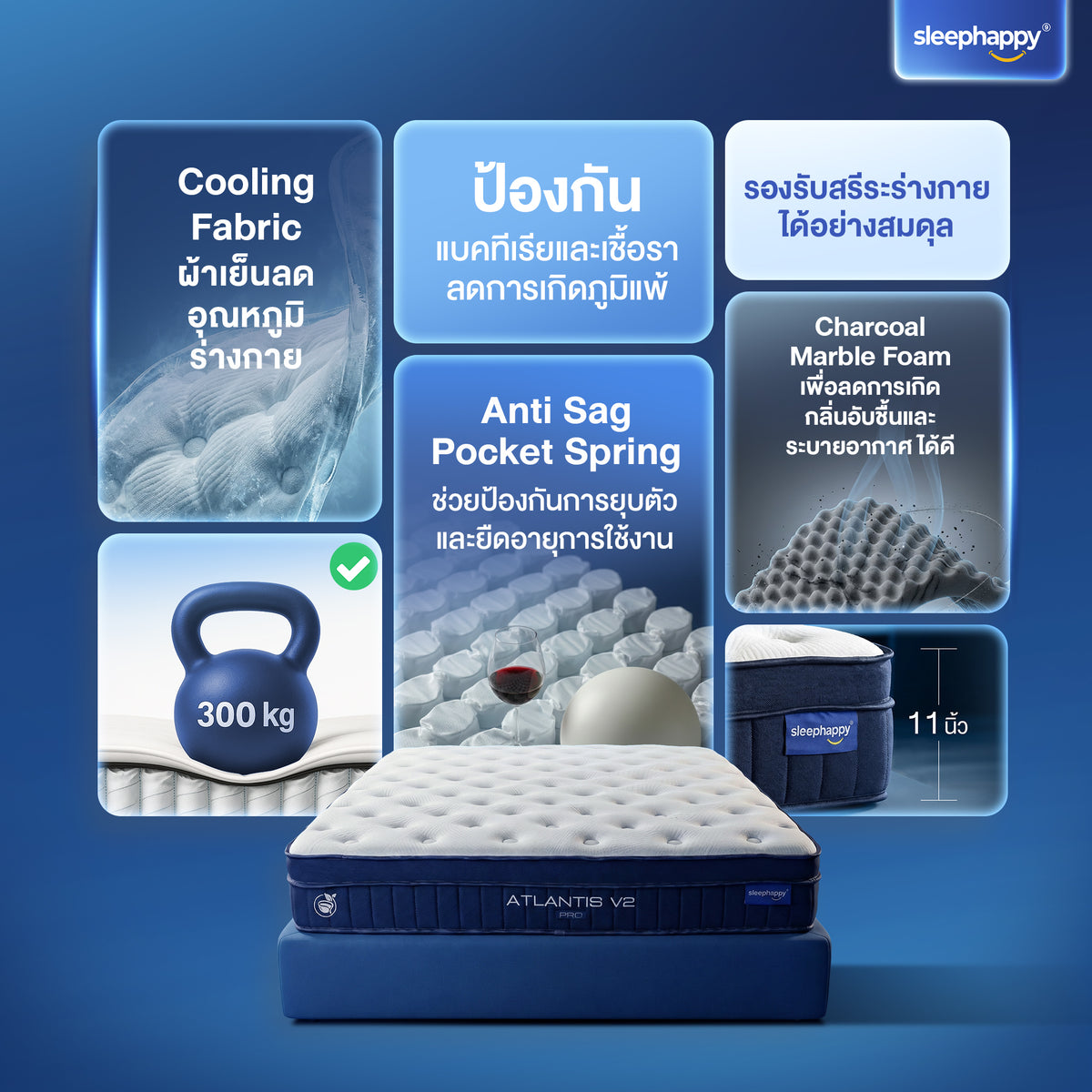 ที่นอนยางพารา และพ็อกเก็ตสปริง สัมผัสเย็น รุ่น Atlantis V2 Pro หนา 11 นิ้ว ให้สัมผัสนุ่มแน่น ผสานนวัตกรรมชาโคล หลับสบาย รุ่นขายดี Best Seller
