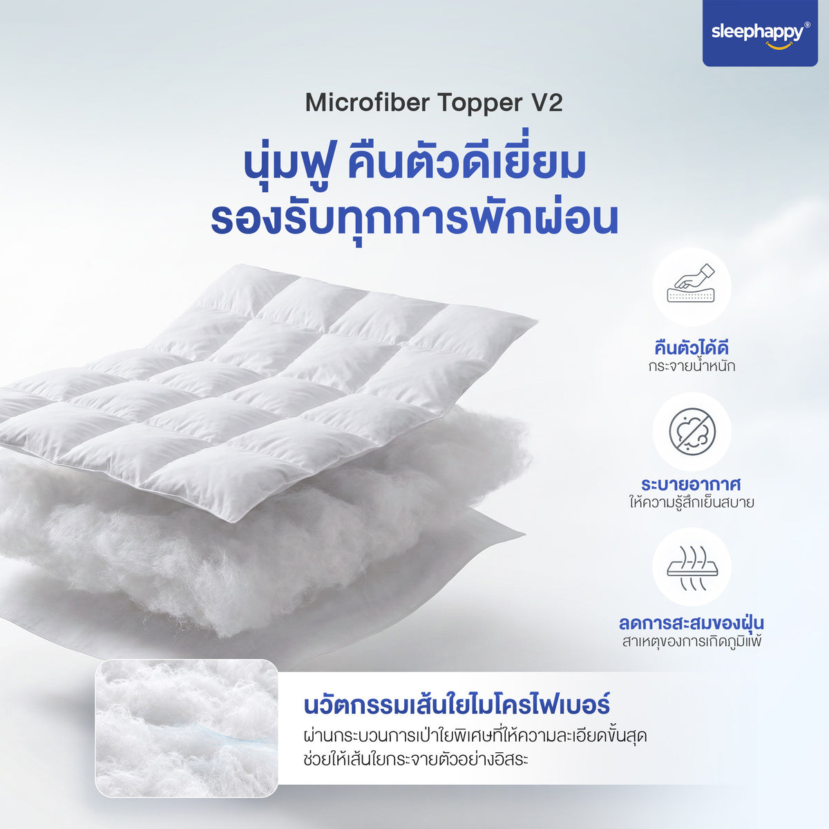 ท็อปเปอร์ไมโครไฟเบอร์ SleepHappy V2 หนา 7 ซม. เนื้อใยไมโครไฟเบอร์ 1,650 แกรม