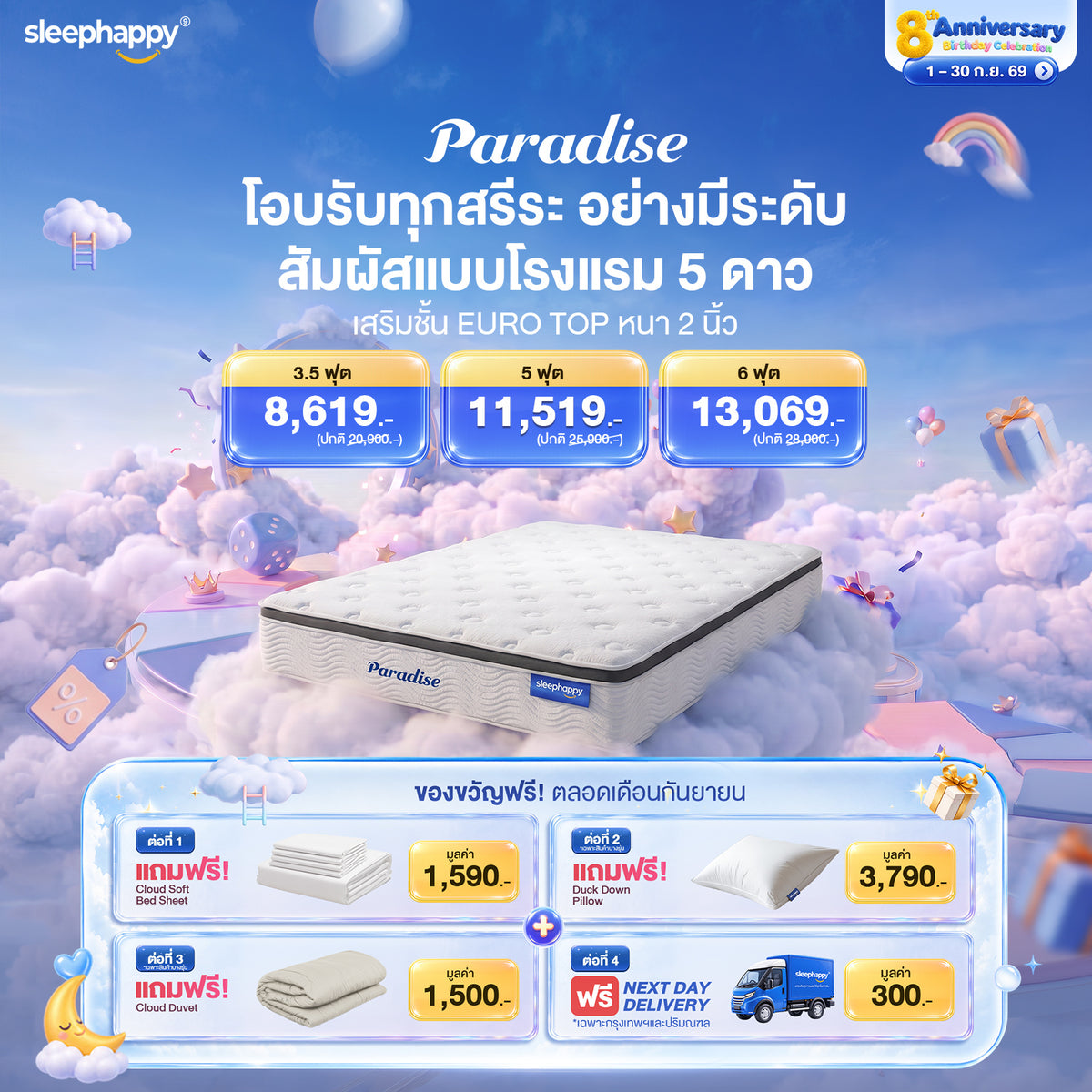 ที่นอนพ็อกเก็ตสปริง เสริมยูโรท็อป รุ่น Paradise หนา 12 นิ้ว สัมผัสนุ่มพิเศษ หลับสบาย สไตล์โรงแรม 5 ดาว